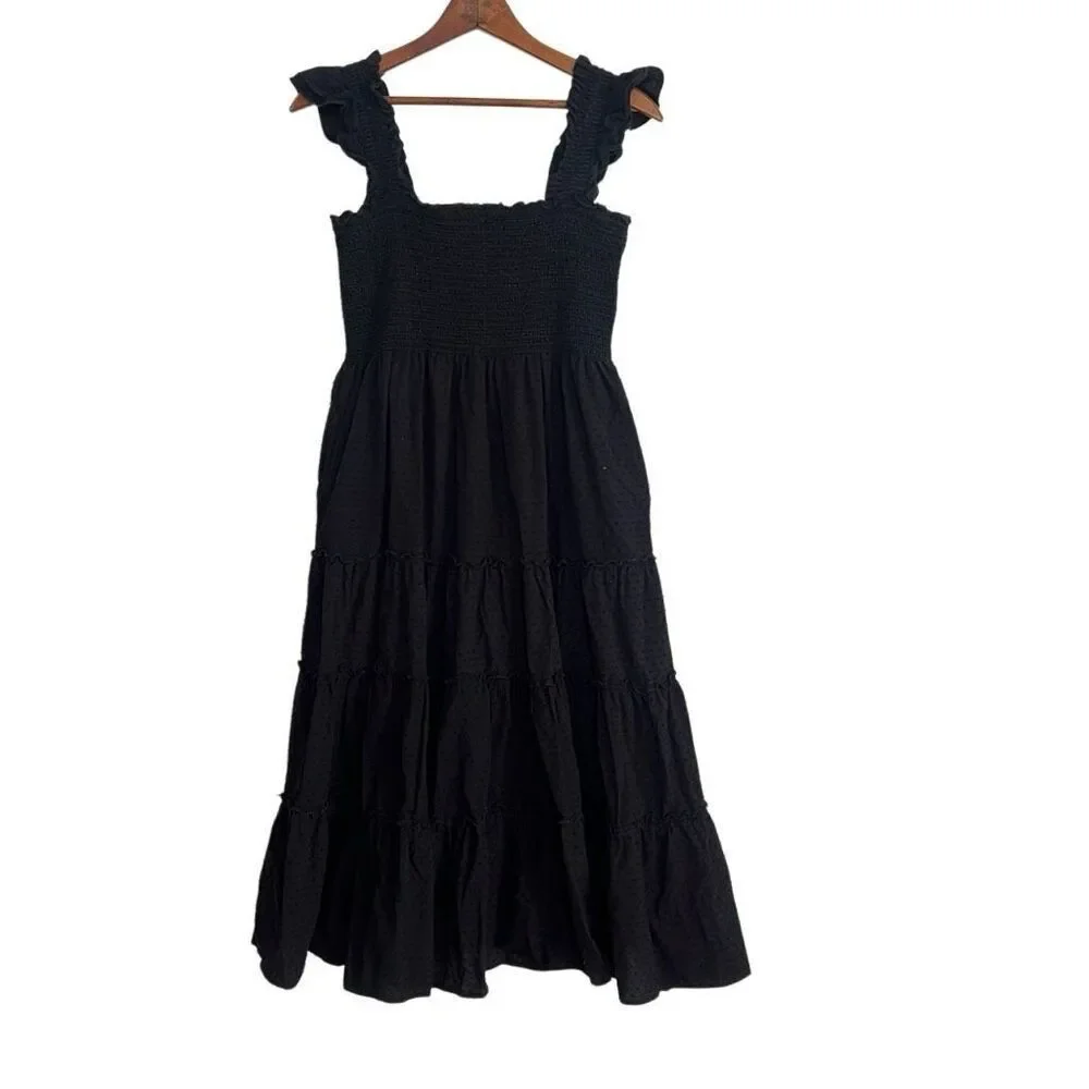 Kourt Smocked Tiered Ruffle Swiss Dot Sleeveless Calypso Midi Dress Black XL - Picture 8 of 8